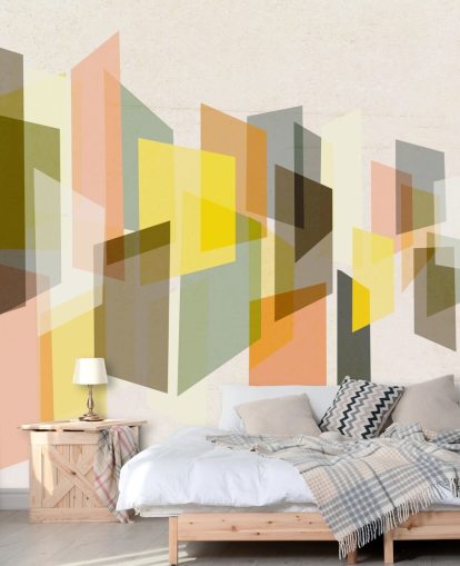 art abstrait du milieu du siècle en papier peint jaune, marron, noir et orange