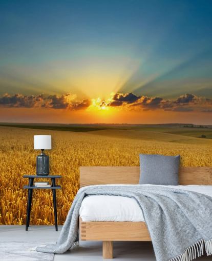 Gouden tarweveld bij zonsondergang muurschildering