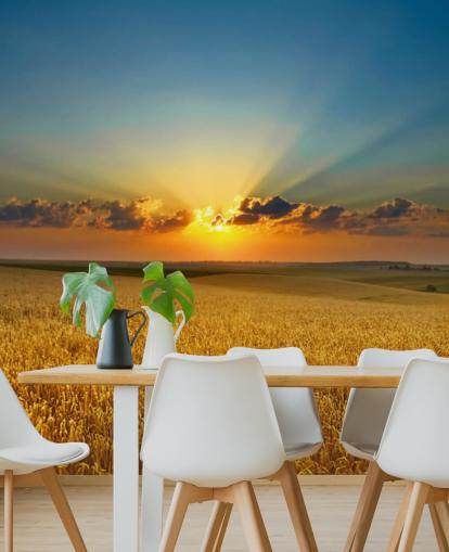 Golden Hvede Field og Sunset Vægmaleri