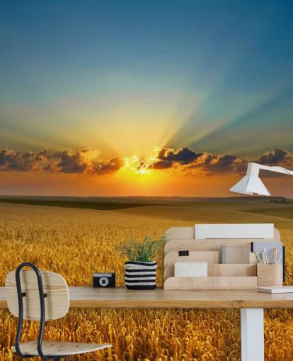 Gouden tarweveld bij zonsondergang muurschildering