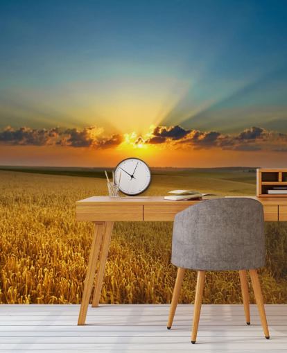 Campo de trigo dourado no Sunset Wall Mural