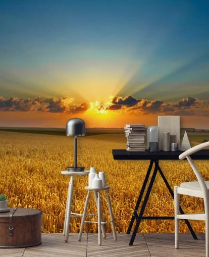 Decorazione murale con campo di grano dorato al tramonto