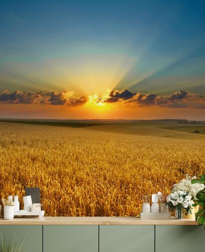 Decorazione murale con campo di grano dorato al tramonto