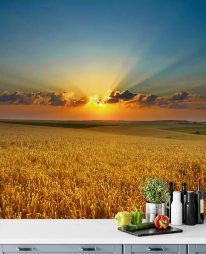 Golden Hvede Field og Sunset Vægmaleri