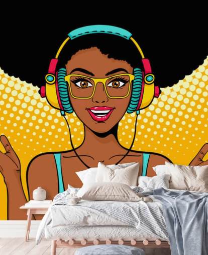 garota afro-americana com afro usando fones de ouvido pop art papel de parede garota afro-americana com afro usando fones de ouvido pop art papel de parede