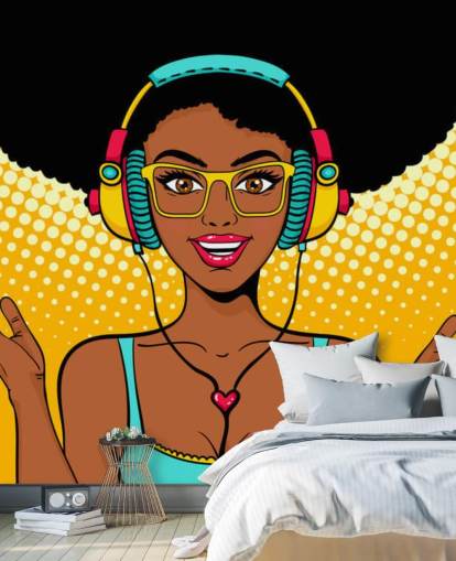 african american girl with afro wearing headphones pop art wallpaper african american girl with afro wearing headphones pop art wallpaper