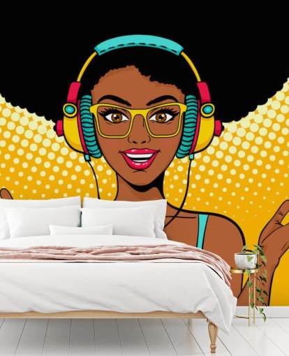 fille afro-américaine avec afro portant des écouteurs pop art wallpaper fille afro-américaine avec afro portant des écouteurs pop art wallpaper
