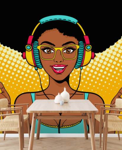 afrikansk amerikansk pige med afro iført hovedtelefoner pop art tapet