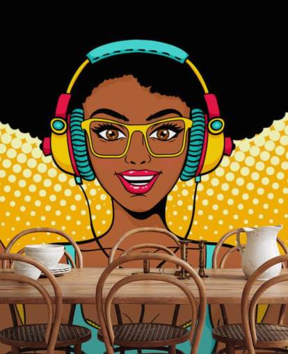 chica afroamericana con afro usando auriculares papel tapiz pop art
