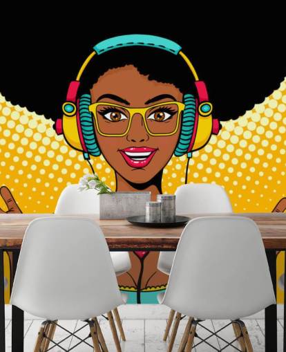 garota afro-americana com afro usando fones de ouvido pop art papel de parede garota afro-americana com afro usando fones de ouvido pop art papel de parede