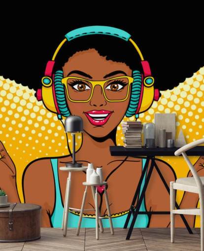 african american girl with afro wearing headphones pop art wallpaper african american girl with afro wearing headphones pop art wallpaper