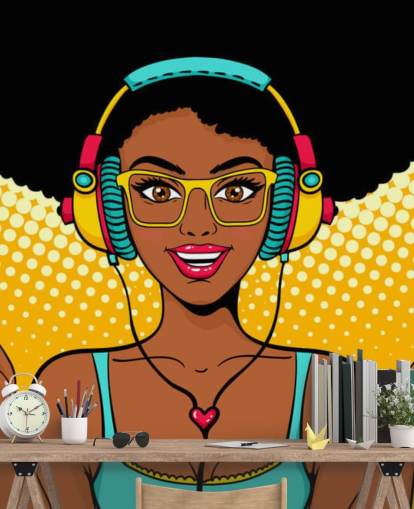 afroamerikanisches Mädchen mit Afro trägt Kopfhörer Pop-Art-Tapete