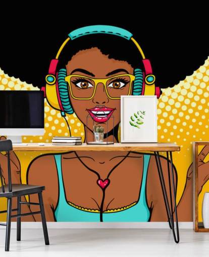 african american girl with afro wearing headphones pop art wallpaper
