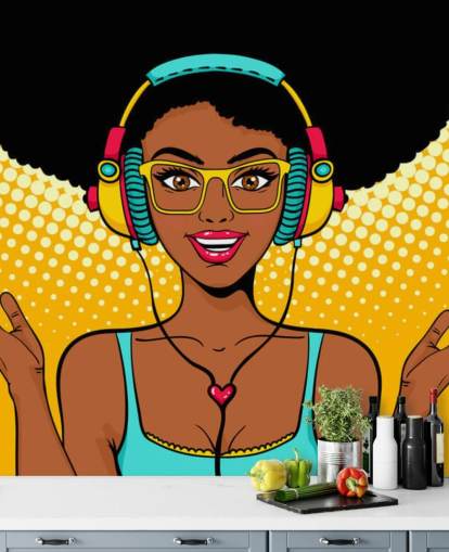 african american girl with afro wearing headphones pop art wallpaper african american girl with afro wearing headphones pop art wallpaper
