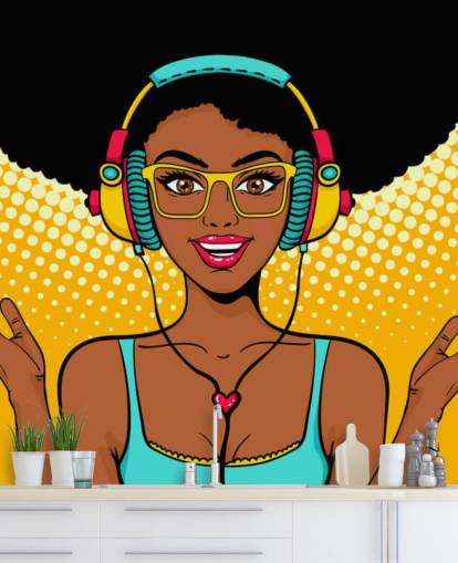 chica afroamericana con afro usando auriculares papel tapiz pop art chica afroamericana con afro usando auriculares papel tapiz pop art