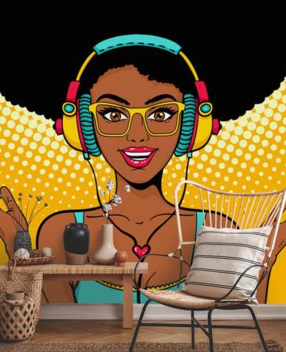 ragazza afroamericana con afro che indossa cuffie pop art carta da parati