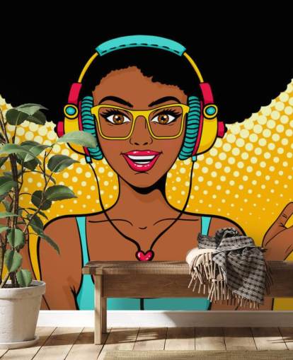 chica afroamericana con afro usando auriculares papel tapiz pop art chica afroamericana con afro usando auriculares papel tapiz pop art