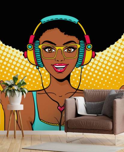 afro-amerikaanse meisje met afro met koptelefoon pop art wallpaper afro-amerikaanse meisje met afro met koptelefoon pop art wallpaper