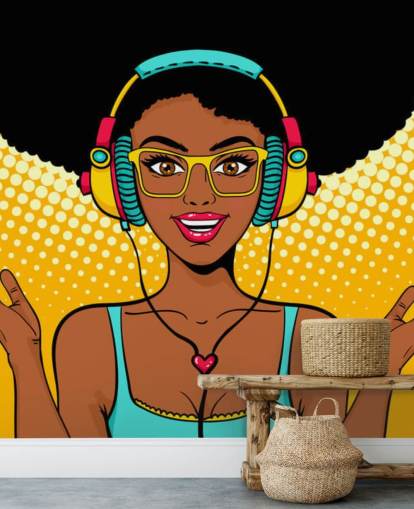 afrikansk amerikansk jente med afro iført hodetelefoner pop art tapet