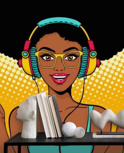 african american girl with afro wearing headphones pop art wallpaper