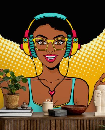 african american girl with afro wearing headphones pop art wallpaper