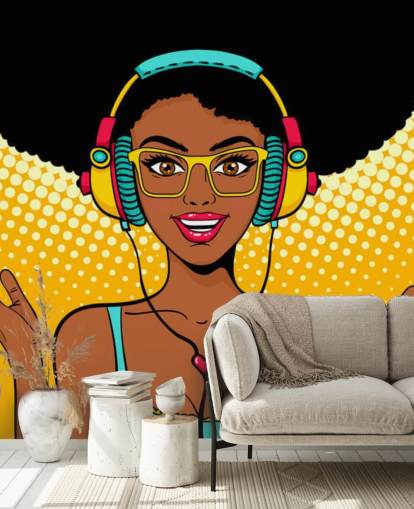 afrikansk amerikansk jente med afro iført hodetelefoner pop art tapet afrikansk amerikansk jente med afro iført hodetelefoner pop art tapet