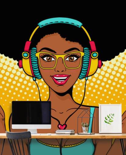 afrikansk amerikansk jente med afro iført hodetelefoner pop art tapet