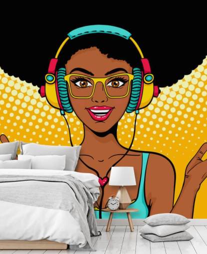 african american girl with afro wearing headphones pop art wallpaper