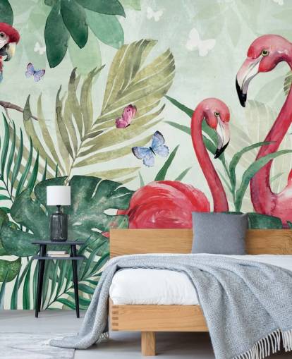 mural de papel pintado tropical verde y rosa llamado Tropical Flamingo de Di Brookes para salas de estar, dormitorios y comedores