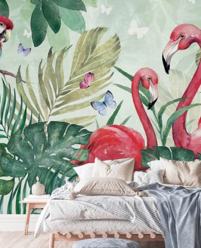 carta da parati tropicale verde e rosa chiamata Tropical Flamingo di Di Brookes per salotti, camere da letto e sale da pranzo carta da parati tropicale verde e rosa chiamata Tropical Flamingo di Di Brookes per salotti, camere da letto e sale da pranzo
