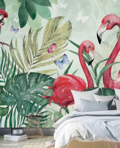 mural de papel pintado tropical verde y rosa llamado Tropical Flamingo de Di Brookes para salas de estar, dormitorios y comedores