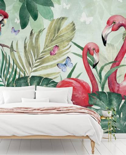 mural de papel de parede tropical verde e rosa chamado Tropical Flamingo de Di Brookes para salas de estar, quartos e salas de jantar