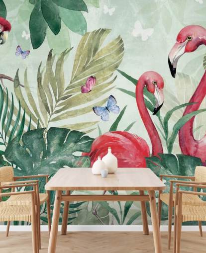 Di Brookesin vihreä ja vaaleanpunainen trooppinen taustakuvamaalaus nimeltä Tropical Flamingo olohuoneisiin, makuuhuoneisiin ja ruokasaleihin