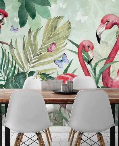 mural de papel pintado tropical verde y rosa llamado Tropical Flamingo de Di Brookes para salas de estar, dormitorios y comedores