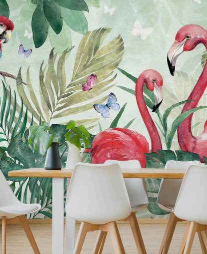 mural de papel pintado tropical verde y rosa llamado Tropical Flamingo de Di Brookes para salas de estar, dormitorios y comedores