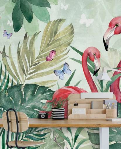 mural de papel de parede tropical verde e rosa chamado Tropical Flamingo de Di Brookes para salas de estar, quartos e salas de jantar mural de papel de parede tropical verde e rosa chamado Tropical Flamingo de Di Brookes para salas de estar, quartos e salas de jantar