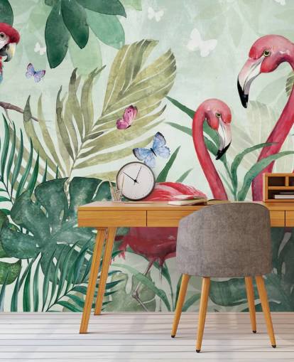 mural de papel pintado tropical verde y rosa llamado Tropical Flamingo de Di Brookes para salas de estar, dormitorios y comedores