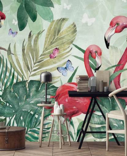 grønt og lyserødt tropisk tapetmaleri kaldet Tropical Flamingo af Di Brookes til stuer, soveværelser og spisestuer