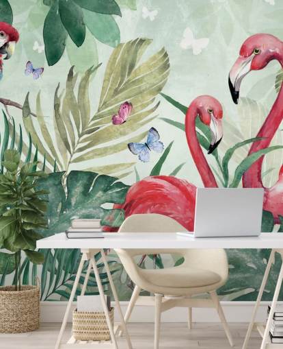 green and pink tropical wallpaper mural called Tropical Flamingo by Di Brookes for living rooms, bedrooms and dining rooms green and pink tropical wallpaper mural called Tropical Flamingo by Di Brookes for living rooms, bedrooms and dining rooms