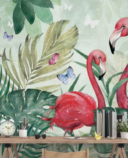 green and pink tropical wallpaper mural called Tropical Flamingo by Di Brookes for living rooms, bedrooms and dining rooms