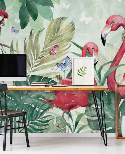 mural de papel pintado tropical verde y rosa llamado Tropical Flamingo de Di Brookes para salas de estar, dormitorios y comedores mural de papel pintado tropical verde y rosa llamado Tropical Flamingo de Di Brookes para salas de estar, dormitorios y comedores
