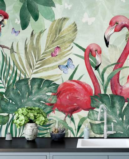 green and pink tropical wallpaper mural called Tropical Flamingo by Di Brookes for living rooms, bedrooms and dining rooms
