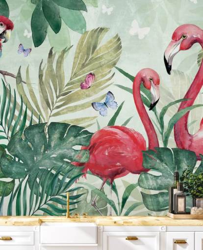 grønt og rosa tropisk tapet veggmaleri kalt Tropical Flamingo av Di Brookes for stuer, soverom og spiserom