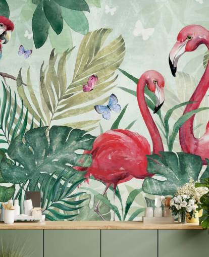 mural de papel pintado tropical verde y rosa llamado Tropical Flamingo de Di Brookes para salas de estar, dormitorios y comedores