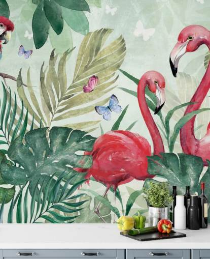 groene en roze tropische behangmuurschildering genaamd Tropical Flamingo van Di Brookes voor woonkamers, slaapkamers en eetkamers groene en roze tropische behangmuurschildering genaamd Tropical Flamingo van Di Brookes voor woonkamers, slaapkamers en eetkamers