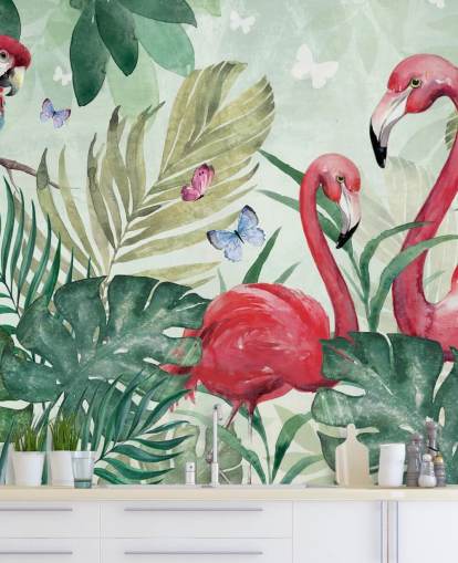 tropisches Tapeten-Wandbild Tropical Flamingo von Di Brookes in Grün und Rosa für Wohn-, Schlaf- und Esszimmer