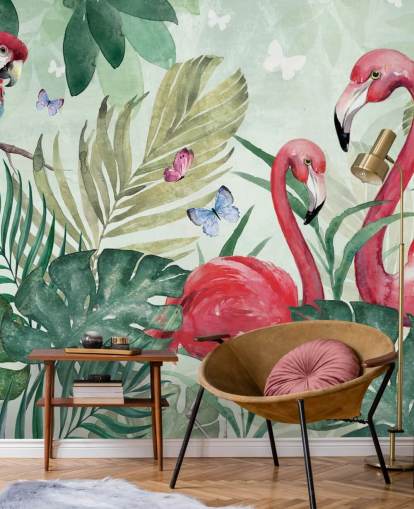 tropisches Tapeten-Wandbild Tropical Flamingo von Di Brookes in Grün und Rosa für Wohn-, Schlaf- und Esszimmer tropisches Tapeten-Wandbild Tropical Flamingo von Di Brookes in Grün und Rosa für Wohn-, Schlaf- und Esszimmer
