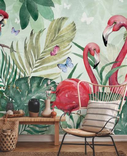 carta da parati tropicale verde e rosa chiamata Tropical Flamingo di Di Brookes per salotti, camere da letto e sale da pranzo