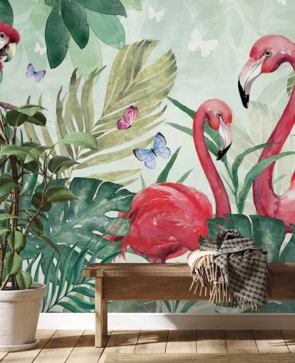 mural de papel pintado tropical verde y rosa llamado Tropical Flamingo de Di Brookes para salas de estar, dormitorios y comedores