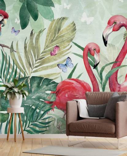 green and pink tropical wallpaper mural called Tropical Flamingo by Di Brookes for living rooms, bedrooms and dining rooms
